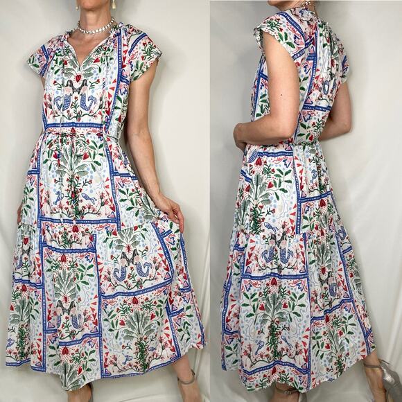 LOFT mermaid print dress seashell heart palm tree cotton midi maxi‎ tie waist XS - Picture 16 of 16